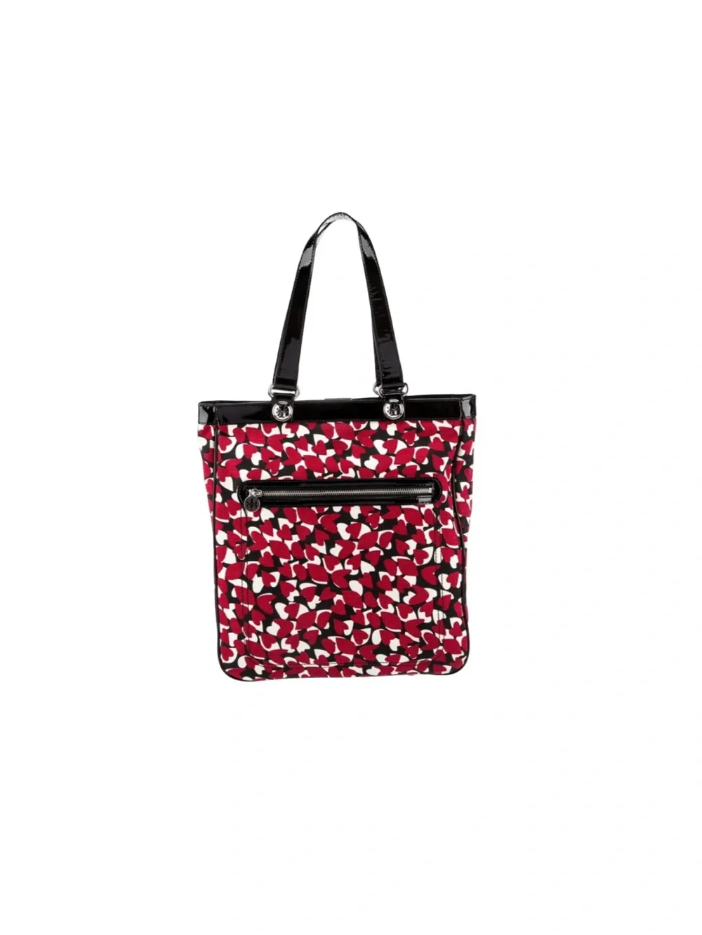 Tory Burch Red Hearts Canvas with Black Patent Leather Tote Shopper EUC